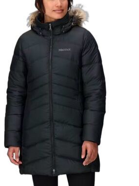 Marmot Womens Montreal Down Coat Parka Jacket Fur Hood Black Size XL